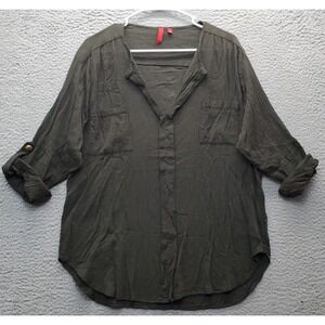 5/48 Blouse Top Women's Large Green Stretch Roll Tab Sleeve Chest Pockets V Neck